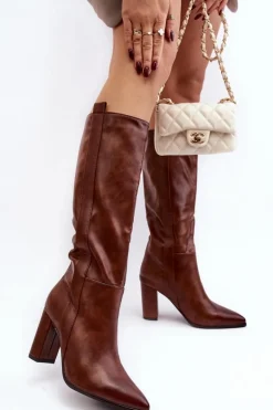 Ocieplane Damskie Kozaki Przed Kolano Na Słupku Brązowe Genzani