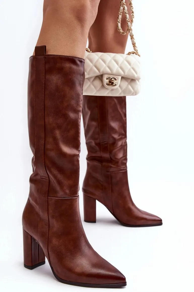 Ocieplane Damskie Kozaki Przed Kolano Na Słupku Brązowe Genzani