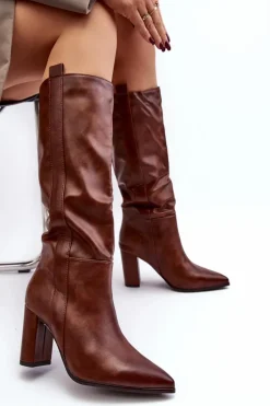 Ocieplane Damskie Kozaki Przed Kolano Na Słupku Brązowe Genzani