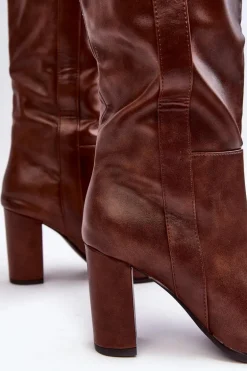 Ocieplane Damskie Kozaki Przed Kolano Na Słupku Brązowe Genzani