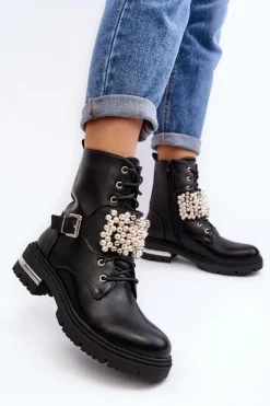 Ocieplane Damskie Workery Botki Zdobione Czarne Venizi
