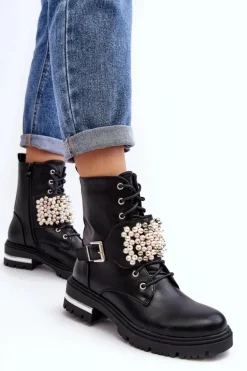 Ocieplane Damskie Workery Botki Zdobione Czarne Venizi