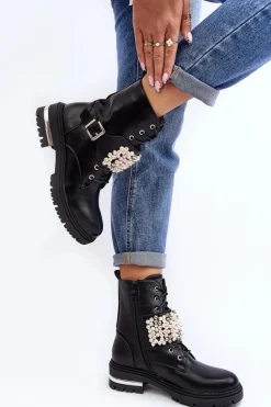 Ocieplane Damskie Workery Botki Zdobione Czarne Venizi