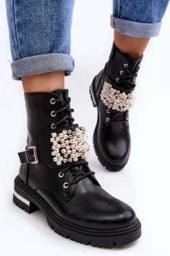 Ocieplane Damskie Workery Botki Zdobione Czarne Venizi