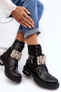 Ocieplane Damskie Workery Botki Zdobione Czarne Venizi