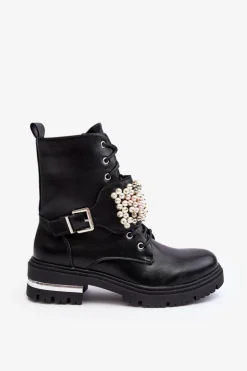 Ocieplane Damskie Workery Botki Zdobione Czarne Venizi