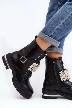 Ocieplane Damskie Workery Botki Zdobione Czarne Venizi