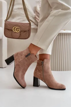 Ocieplane Eko Zamszowe Botki Damskie Na Słupku Zapinane Na Zamek Brązowe Erillia