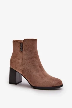 Ocieplane Eko Zamszowe Botki Damskie Na Słupku Zapinane Na Zamek Brązowe Erillia