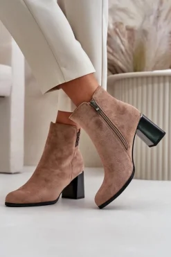 Ocieplane Eko Zamszowe Botki Damskie Na Słupku Zapinane Na Zamek Brązowe Erillia