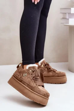 Ocieplane Futerkiem Sneakersy Damskie Na Platformie Brązowe Velarisea