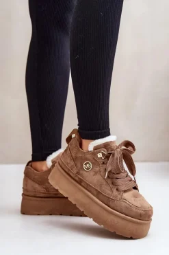 Ocieplane Futerkiem Sneakersy Damskie Na Platformie Brązowe Velarisea