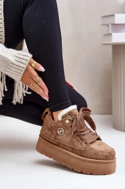 Ocieplane Futerkiem Sneakersy Damskie Na Platformie Brązowe Velarisea