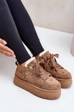 Ocieplane Futerkiem Sneakersy Damskie Na Platformie Brązowe Velarisea