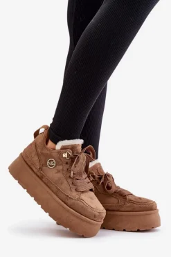 Ocieplane Futerkiem Sneakersy Damskie Na Platformie Brązowe Velarisea