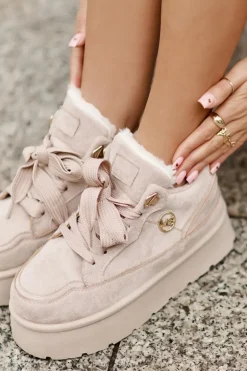 Ocieplane Futerkiem Sneakersy Damskie Na Platformie Beżowe Velarisea