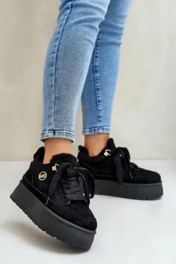 Ocieplane Futerkiem Sneakersy Damskie Na Platformie Czarne Velarisea