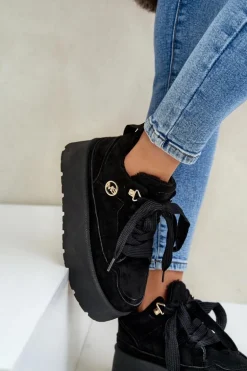 Ocieplane Futerkiem Sneakersy Damskie Na Platformie Czarne Velarisea