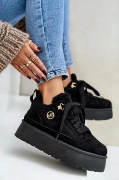 Ocieplane Futerkiem Sneakersy Damskie Na Platformie Czarne Velarisea