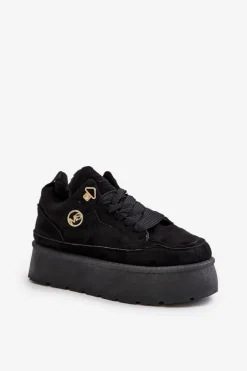 Ocieplane Futerkiem Sneakersy Damskie Na Platformie Czarne Velarisea