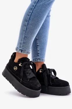 Ocieplane Futerkiem Sneakersy Damskie Na Platformie Czarne Velarisea