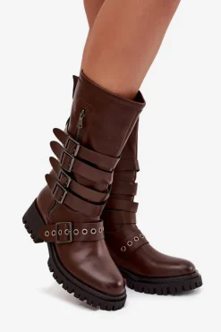 Ocieplane Kozaki Damskie Z Paskami I Klamrami Brązowe Ivaline