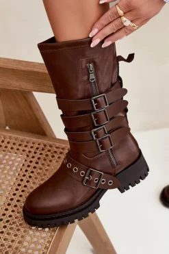 Ocieplane Kozaki Damskie Z Paskami I Klamrami Brązowe Ivaline