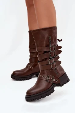 Ocieplane Kozaki Damskie Z Paskami I Klamrami Brązowe Ivaline