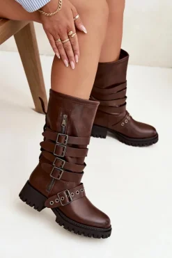 Ocieplane Kozaki Damskie Z Paskami I Klamrami Brązowe Ivaline