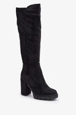 Ocieplane Kozaki Damskie Na Słupku Eko Zamszowe Czarne Tirisha