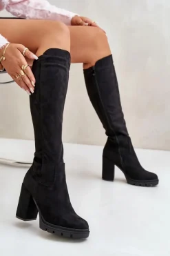 Ocieplane Kozaki Damskie Na Słupku Eko Zamszowe Czarne Tirisha