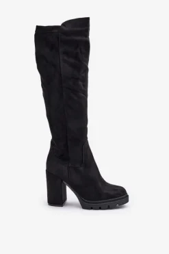 Ocieplane Kozaki Damskie Na Słupku Eko Zamszowe Czarne Tirisha