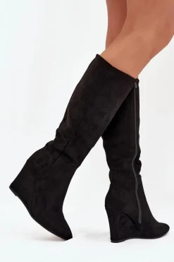 Ocieplane Kozaki Damskie Na Koturnie Czarne Rosina