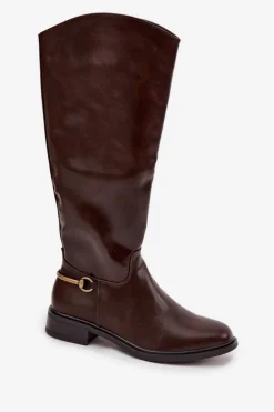 Ocieplane Kozaki Damskie Na Płaskim Obcasie Z Ozdobnym Detalem Czekoladowe Renaya