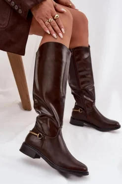 Ocieplane Kozaki Damskie Na Płaskim Obcasie Z Ozdobnym Detalem Czekoladowe Renaya