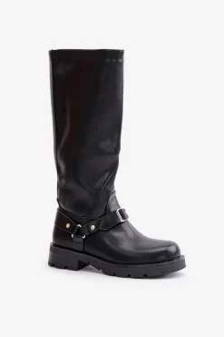 Ocieplane Kozaki Damskie Na Zamek Eko Skórzane Czarne Tialethe