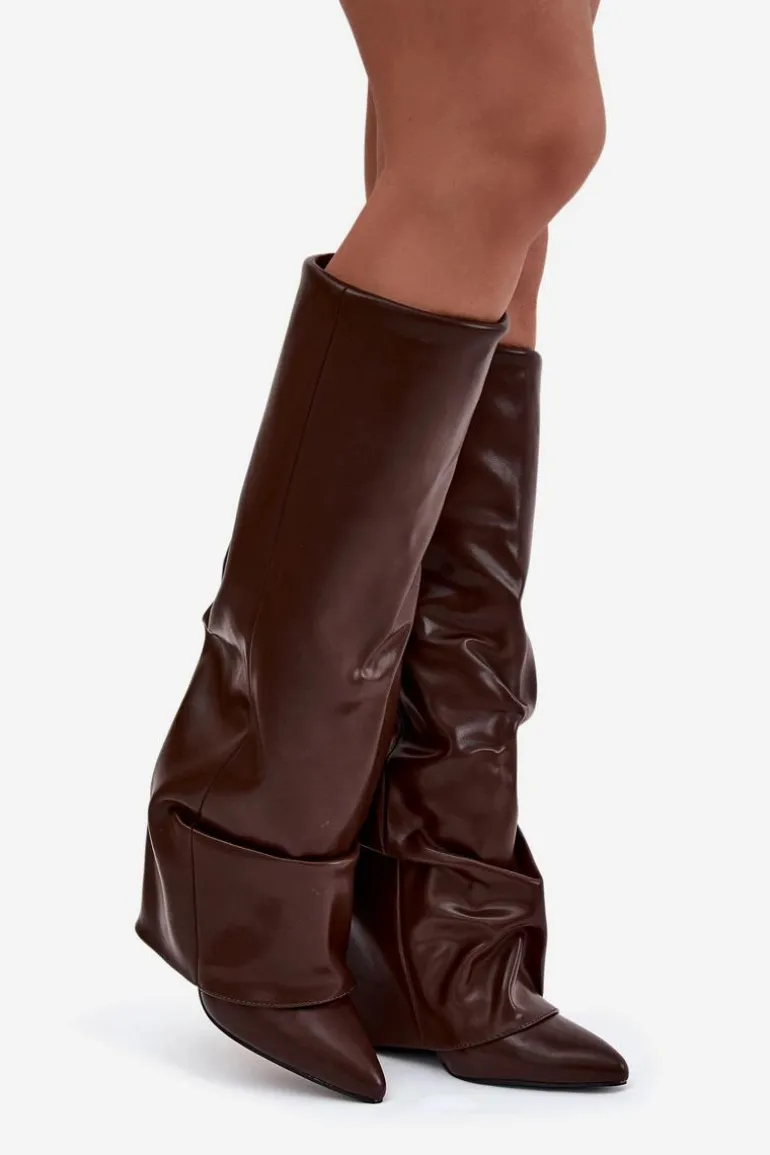 Ocieplane Kozaki Damskie Z Wywiniętą Cholewką Na Słupku Czekoladowe Elivira