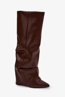 Ocieplane Kozaki Damskie Z Wywiniętą Cholewką Na Słupku Czekoladowe Elivira