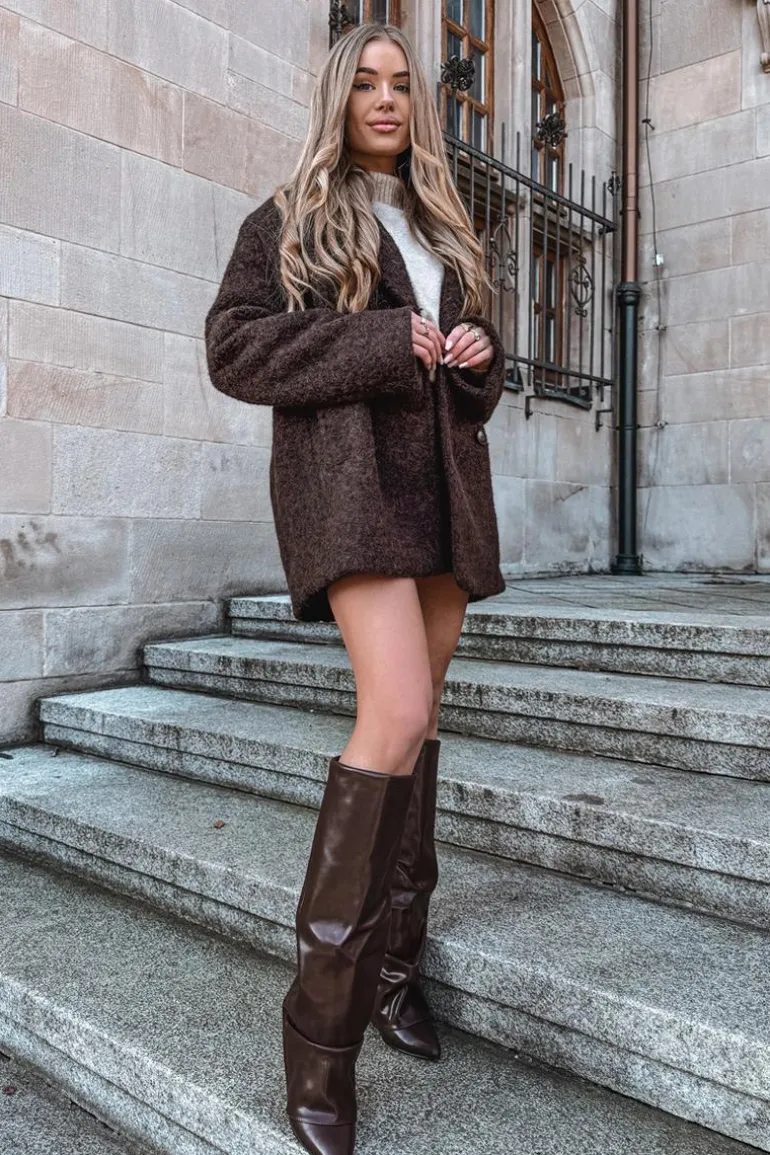 Ocieplane Kozaki Damskie Z Wywiniętą Cholewką Na Słupku Czekoladowe Elivira