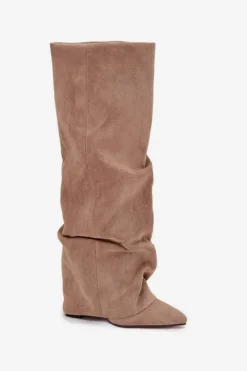 Ocieplane Kozaki Damskie Z Wywiniętą Cholewką Na Słupku Eko Zamszowe Beżowe Elivira