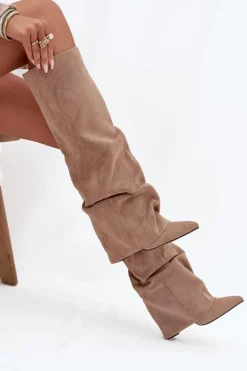 Ocieplane Kozaki Damskie Z Wywiniętą Cholewką Na Słupku Eko Zamszowe Beżowe Elivira