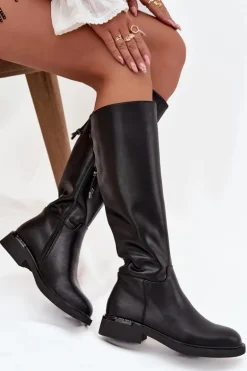 Ocieplane Kozaki Damskie Z Naturalnej Skóry Na Płaskim Obcasie Vinceza 66822 Czarne