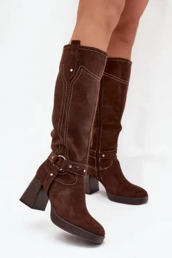 Ocieplane Kozaki Damskie Na Słupku Z Przeszyciami Czekoladowe Alessara