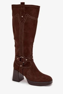 Ocieplane Kozaki Damskie Na Słupku Z Przeszyciami Czekoladowe Alessara