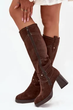 Ocieplane Kozaki Damskie Na Słupku Z Przeszyciami Czekoladowe Alessara