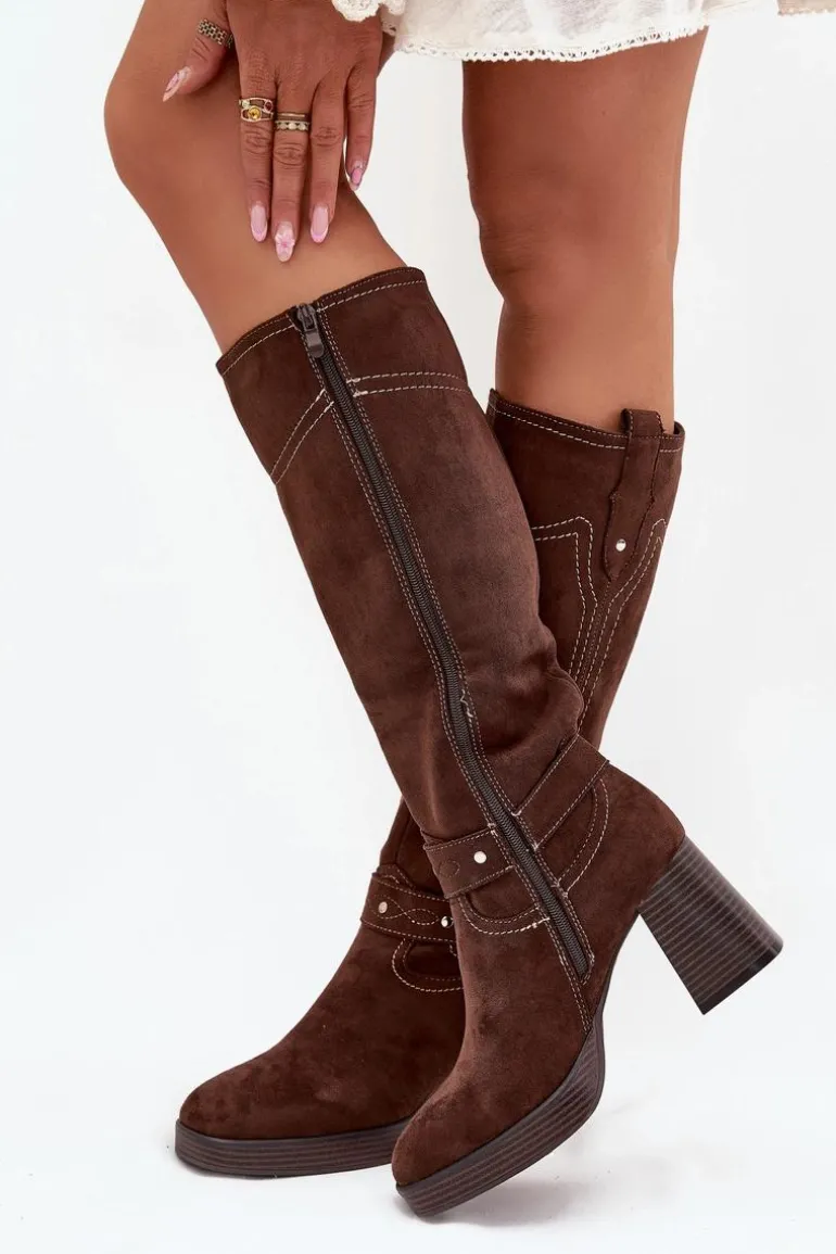 Ocieplane Kozaki Damskie Na Słupku Z Przeszyciami Czekoladowe Alessara