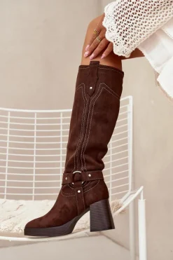 Ocieplane Kozaki Damskie Na Słupku Z Przeszyciami Czekoladowe Alessara