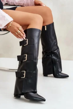 Ocieplane Kozaki Damskie Na Słupku Z Wywiniętą Cholewką I Klamrami Czarne Piregonia