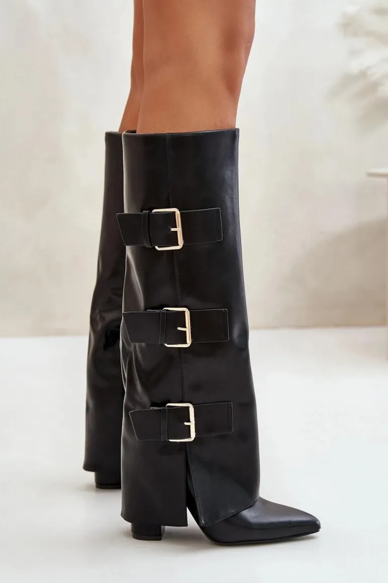 Ocieplane Kozaki Damskie Na Słupku Z Wywiniętą Cholewką I Klamrami Czarne Piregonia