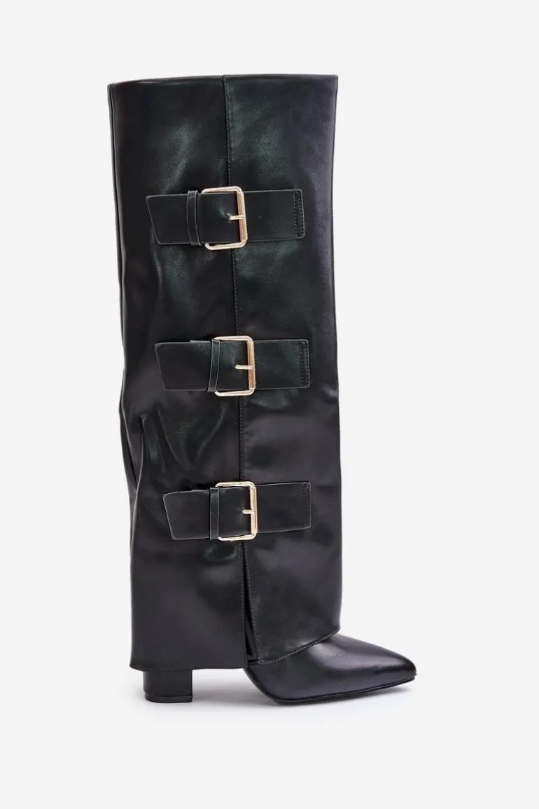 Ocieplane Kozaki Damskie Na Słupku Z Wywiniętą Cholewką I Klamrami Czarne Piregonia